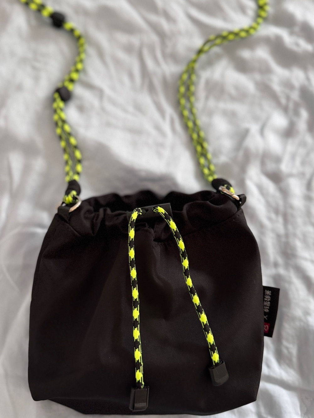New!Black lightweight Drawstring mini Bucket Bag with Neon Yellow Rope Strap